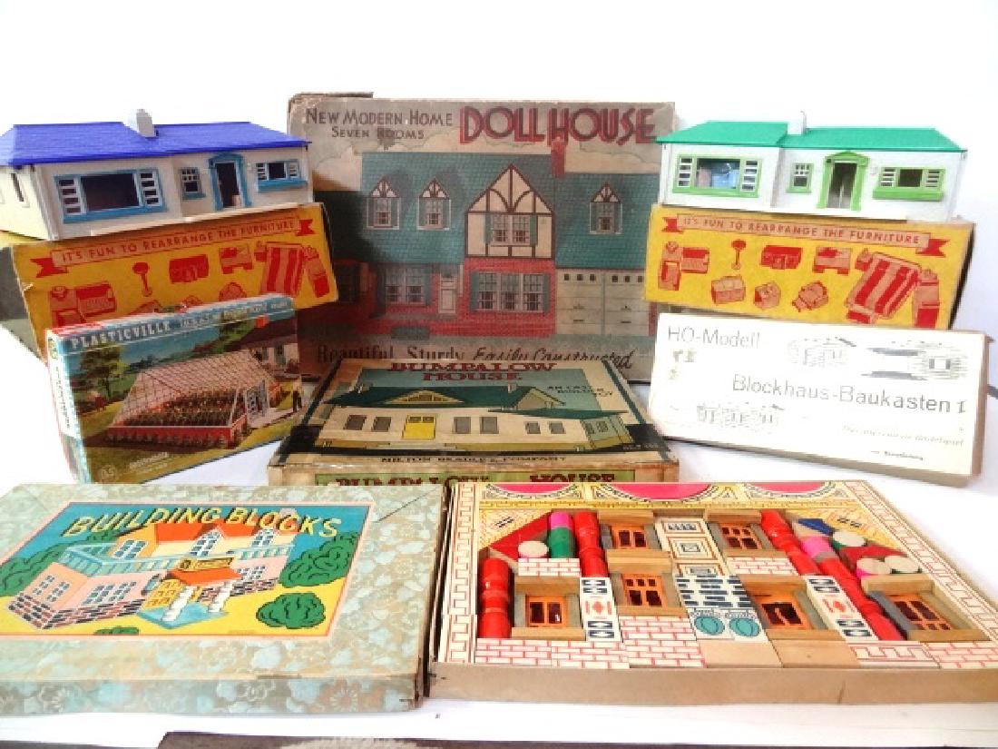 Vintage Dollhouses & Kits in O.B.: Milton Bradley Bumpalow House circa 1931 in O.B. 11.5"W, Vintage Japanese dollhouse building blocks in O.B. 11.5"W, New Modern Home seven room cardboard dollhouse in O.B., German wood cabins kit in O.