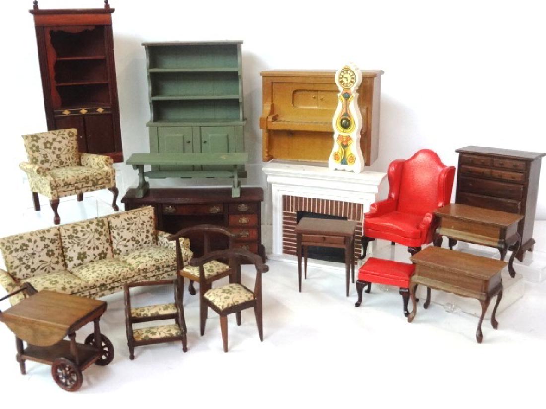 Lot of Sonia Messer & Others Dollhouse Furniture: Sonia Messer dollhouse sofa with matching side chair, sideboard, corner cabinet, dresser, tables, tea cart, fireplace and bed steps, also John & Sue's Miniatures of New England three piece dining room