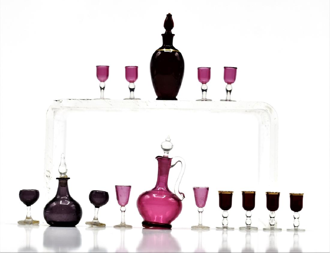 Francis Whittemore Dollhouse Decanters & Glasses: Three Francis Whittemore glass dollhouse decanters tallest 1.25"H with an assortment of wine glasses
