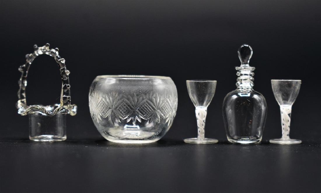 Francis Whittemore Cut Glass Dollhouse Bowl & Other: Francis Whittemore cut glass dollhouse bowl .75"H, pair of wine glasses with white air twist stems, clear decanter 1"H, clear basket with handle