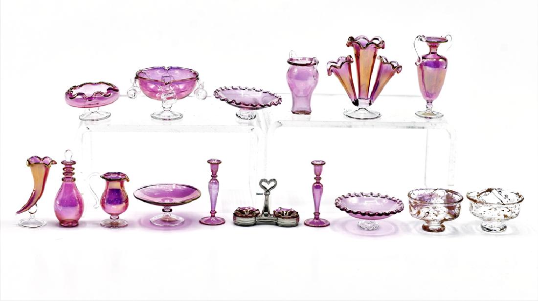 English Glasscraft Dollhouse Colored Glassware: Glasscraft pair of footed scalloped rim bowls 1 1/8"D, compote, scalloped bud vase with gold rim, epergne 1.25"H, horn vase, pitcher, vases, candlesticks, deep bowl with gold highlights, decanter, pun