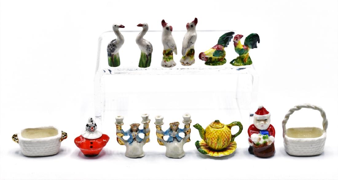 Janice Crawley Dollhouse China Accessories Miniatures: Janice Crawley dollhouse china Santa 1"H and clown cookie jars, candlesticks, majolica teapot on tray, six figural birds