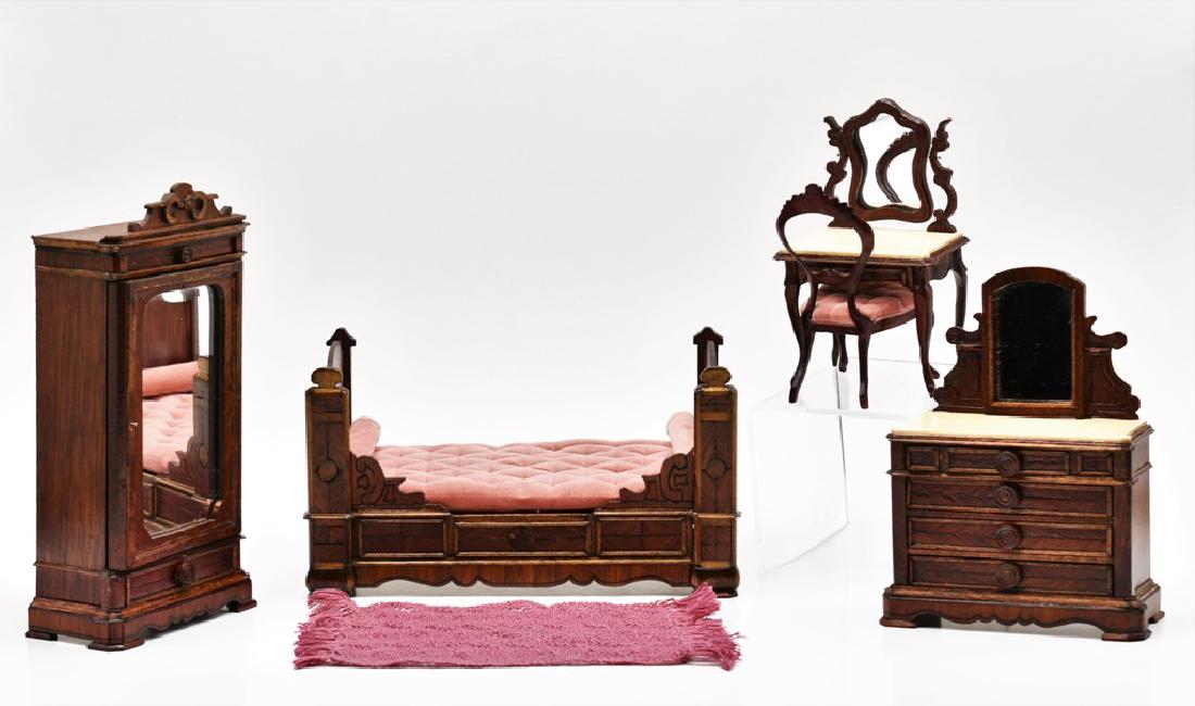 Nancy Summers Dollhouse Victorian Bedroom Furniture: Summerville "Victorian Series" by Nancy Summers #21 of 40 from 1981, five piece set includes mahogany mirrored wardrobe with a fully fitted interior 7"H, 3 7/8"W, 1.75"D, matching bed made to go again