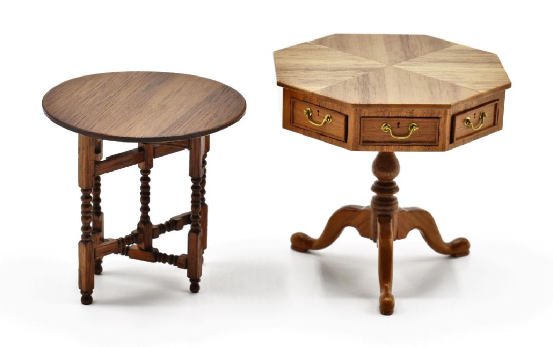 Gerald Crawford Dollhouse Tables Miniatures: Gerald Crawford mahogany octagon Queen Ann style table with mirror matched top, six working drawers, tripod base with cabriole legs 2.5"W, 2.5"H, mahogany side table with gate leg folding base and hin