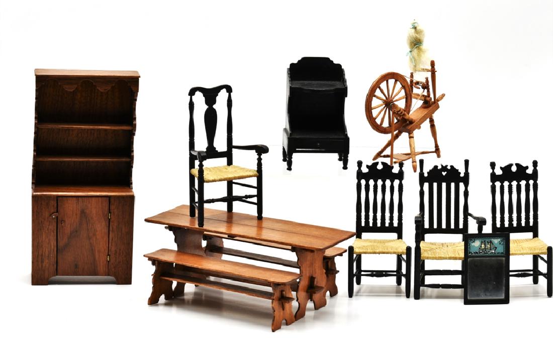 Nancy Denison Country Dollhouse Dining Room Furniture: Nancy Denison mahogany step back cupboard with nicely scalloped sides 6.25"H, trestle table with wood peg construction 5 7/8"L with two benches, bannister back armchair 4"H with two matching side chai