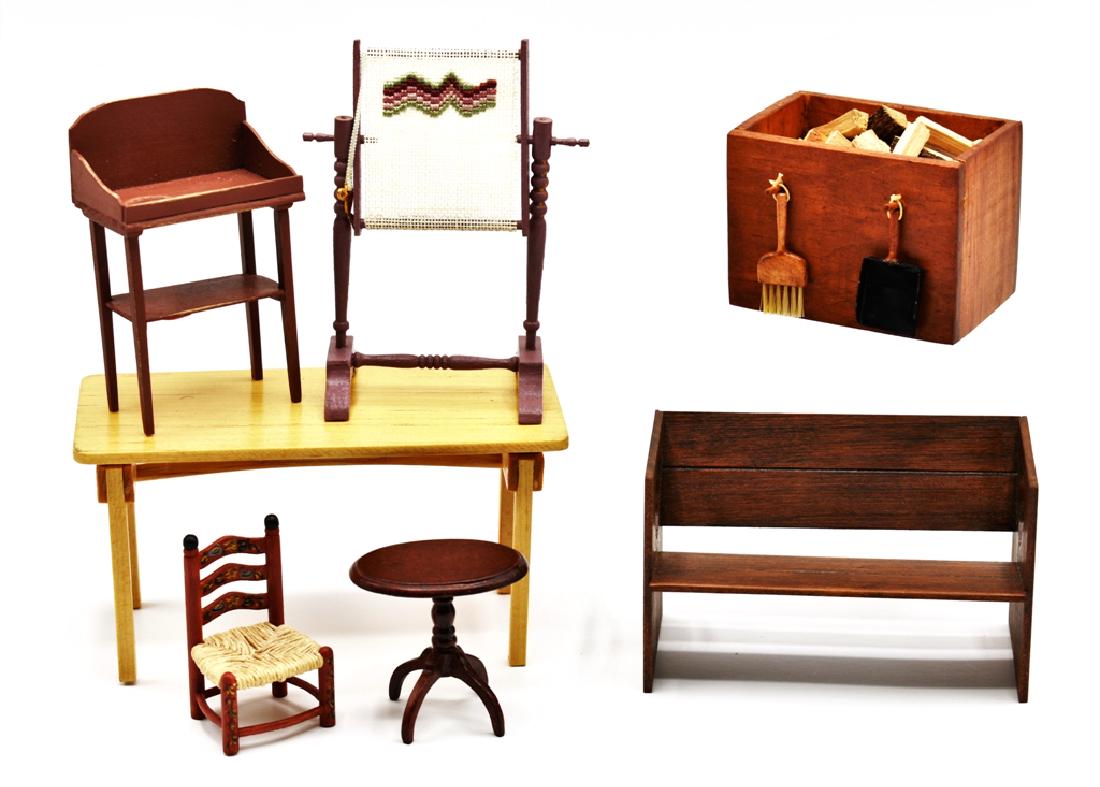 Dollhouse Artisan Country Furniture Miniatures: Edward Norton work table with folding legs 5"L, Tom and Sharon Zerkel painted dry sink 3.25"H, painted child's chair attributed to Nancy Denison 2"H, unsigned mahogany bench with heart cut-outs 3 7/8"