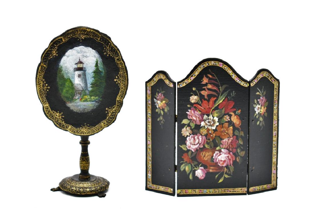 Marjorie Adams Painted Dollhouse Table & Natasha Screen: Marjorie Adams tilt top table hand painted with scene of the Castine Maine lighthouse 2.5"H, Natasha hand painted three panel fireplace screen 3"W