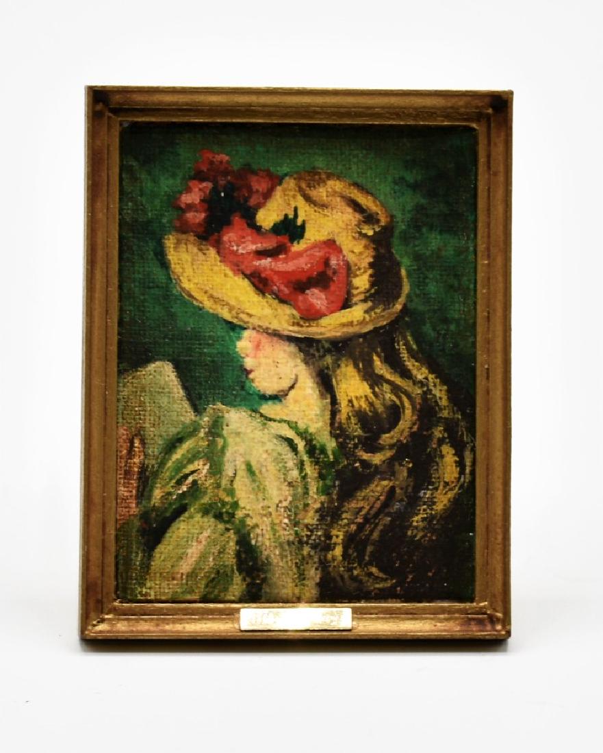 George Schlosser Dollhouse Portrait Miniature: George Schlosser hand painted oil on artist board portrait of a young lady reading 1 7/8" by 2 3/8", includes original envelope