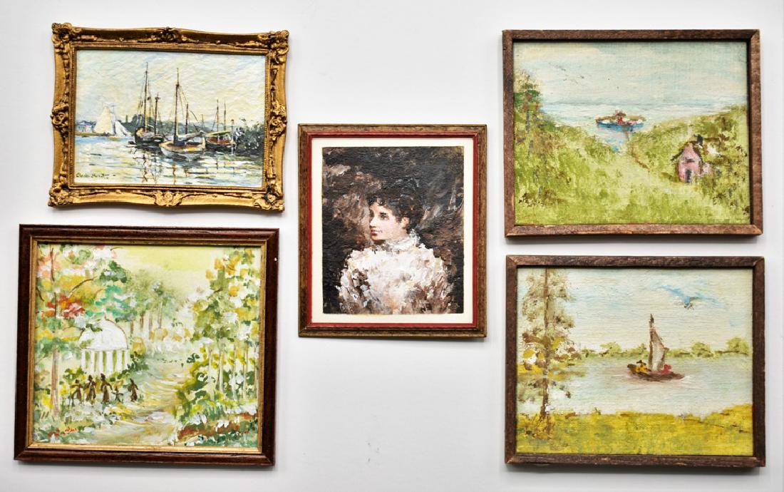 Five Dollhouse Artisan Oil Paintings Miniatures: Nancy Buttfield impressionist portrait of a young lady 2" by 2.25", well done oil painting copy of a Claude Monet painting "Pleasure Boats At Argenteuil" with illegible signature 2" by 2.5", pair of o