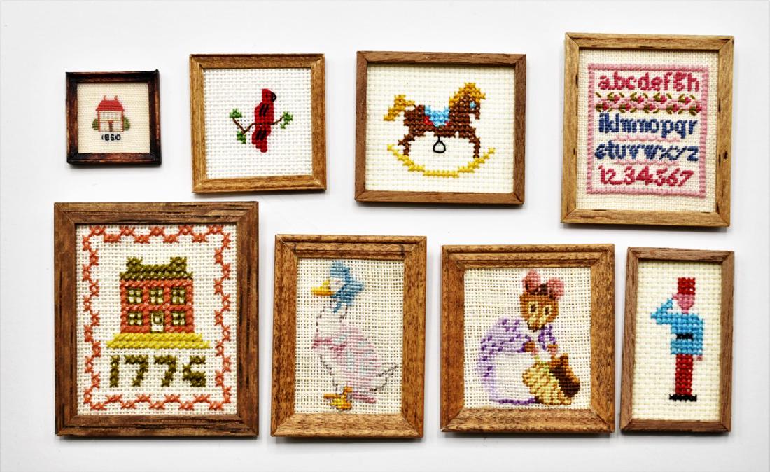Dollhouse Embroidered & Petit Point Pictures Miniatures: Catherine Caley embroidered 1776 sampler 1.75" by 2" and alphabet sampler, C&C Miniatures petit point goose and mouse, Karen Dench cardinal, Mary N. small house sampler, soldier signed Diane, rocking
