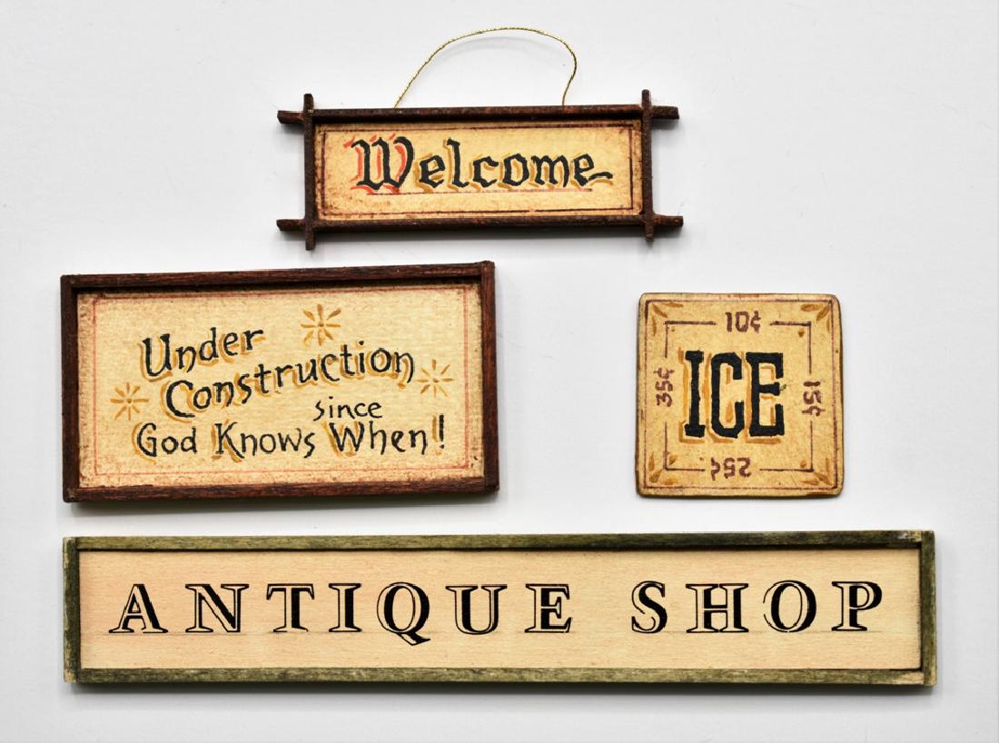 Schlosser & Summerlot Dollhouse Signs Miniatures: Three hand painted signs by George Schlosser, ice 1" square, Welcome .5" by 2", Under Construction 1 1/8" by 2 1/8", also Summerlot antique shop sign .75" by 4.25"