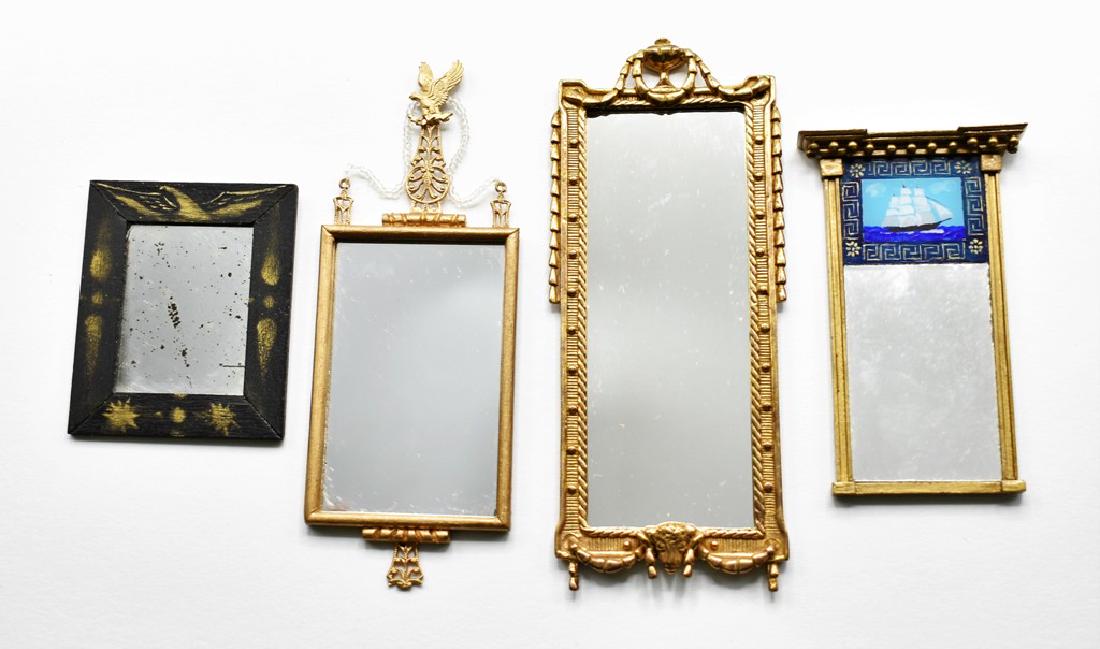 Dollhouse Artisan Mirrors Miniatures: Neo-classical mirror by Chestnut Hill Studio with eagle finial, ormolu trim and glass beads 4.75"H, Neo-classical style solid brass mirror frame with urn pediment and ram's head drop 5"H, P.L.T. Shera