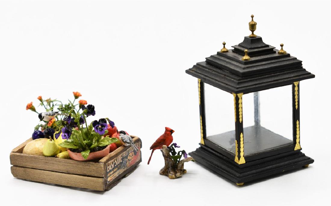 Mary McGrath Dollhouse Bird Sculptures Miniatures: Mary McGrath dollhouse cardinal sculpture .75"H housed in a ebony and glass Georgian style display case 2.5"H, wooden fruit box with plants and vegetables being visited by two small birds 2"L