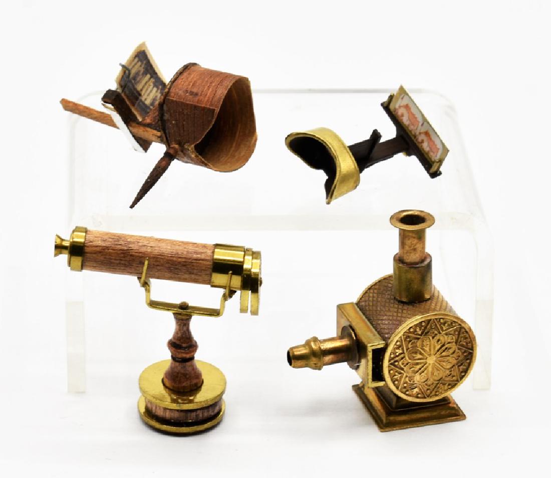 Dollhouse Stereopticons, kaleidoscope, Magic Lantern: Dollhouse miniature mahogany and brass kaleidoscope on stand 1.25"L, brass magic lantern 1 3/8"H, stereopticons by Sue Rallon and another