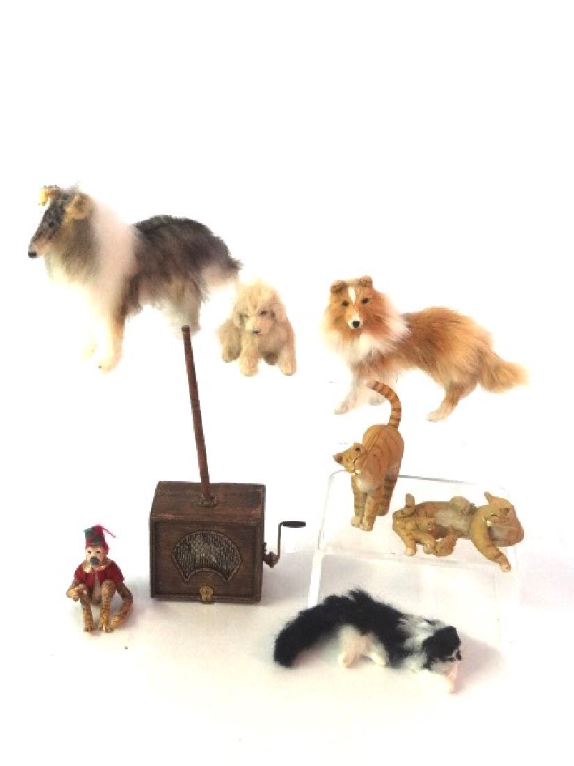 Dollhouse Miniature Organ Monkey, Cats & Dogs: Two Ferbie Claudon artisan dollhouse cats, mother with kittens 1.75"L, stretching cat 1.5"L, three plush dogs and a cat, artisan monkey with a wood organ grinder box on pole 4"H