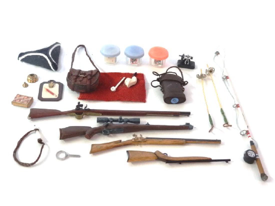 Dollhouse Gentleman's Accessories Miniatures: Nice assortment of items for the study, flintlock rifle 5"L with hunting horn and bag, rifles, camera, binocular case, playing cards, dice, Meerschaum pike, tricorn hat, brass inkwell and quill, fishi