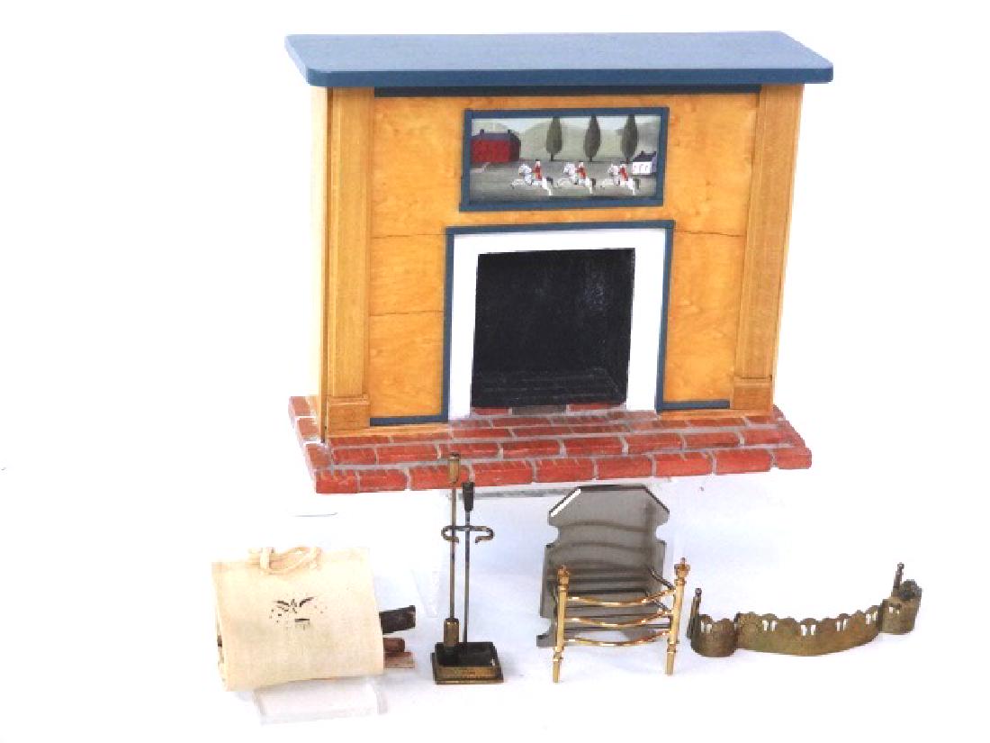 Peter Kendall Dollhouse Fireplace & Accessories: Peter Kendall bird's eye maple fireplace with brick hearth 6.5"W, 5"H, 2.75"H, Ron Stetkewiz fireplace tools, ormolu fender 3"L, steel and brass firebox, Marylin fabric holder with stenciled eagle