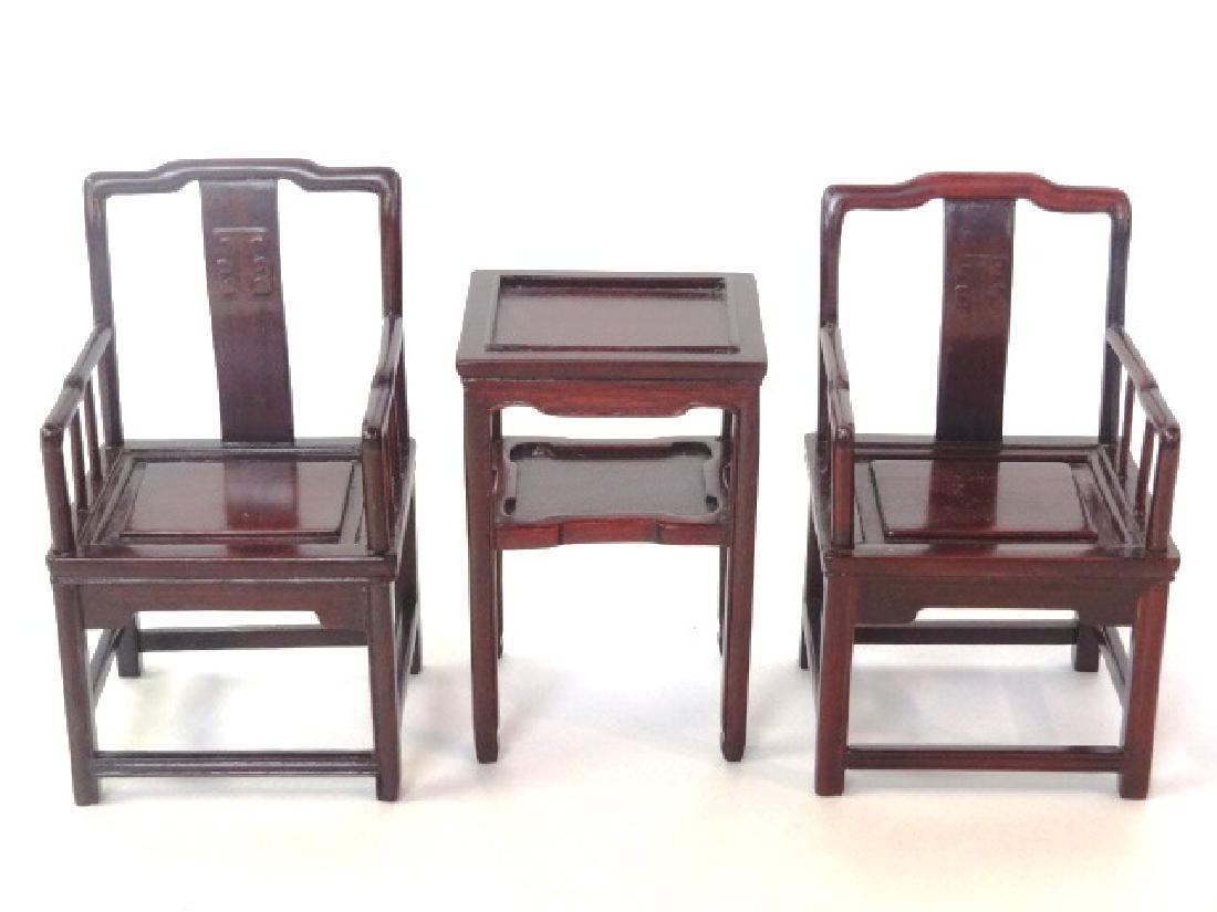 Miniature Makers Workshop Three Piece Asian Set: Miniature Makers Workshop oversized exotic hardwood three piece Asian style set with two armchairs 5.25"H and a side table 4"H