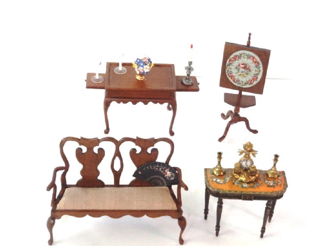 Dollhouse Artisan Queen Ann Furniture: Three dollhouse mahogany Queen Ann style pieces of furniture all with same illegible signature, double splat upholstered bench 5"W, tea table with two candle slides 2.75"W, fire screen with petit poin