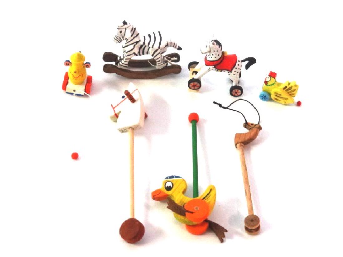 David Krupick Dollhouse Miniature Toys: David Krupick artisan wood toys, zebra rocking horse 1.5"L, teapot pull toy, pony riding horse on wheels 1"L, rooster pull toy, two hoby horses and duck push toy