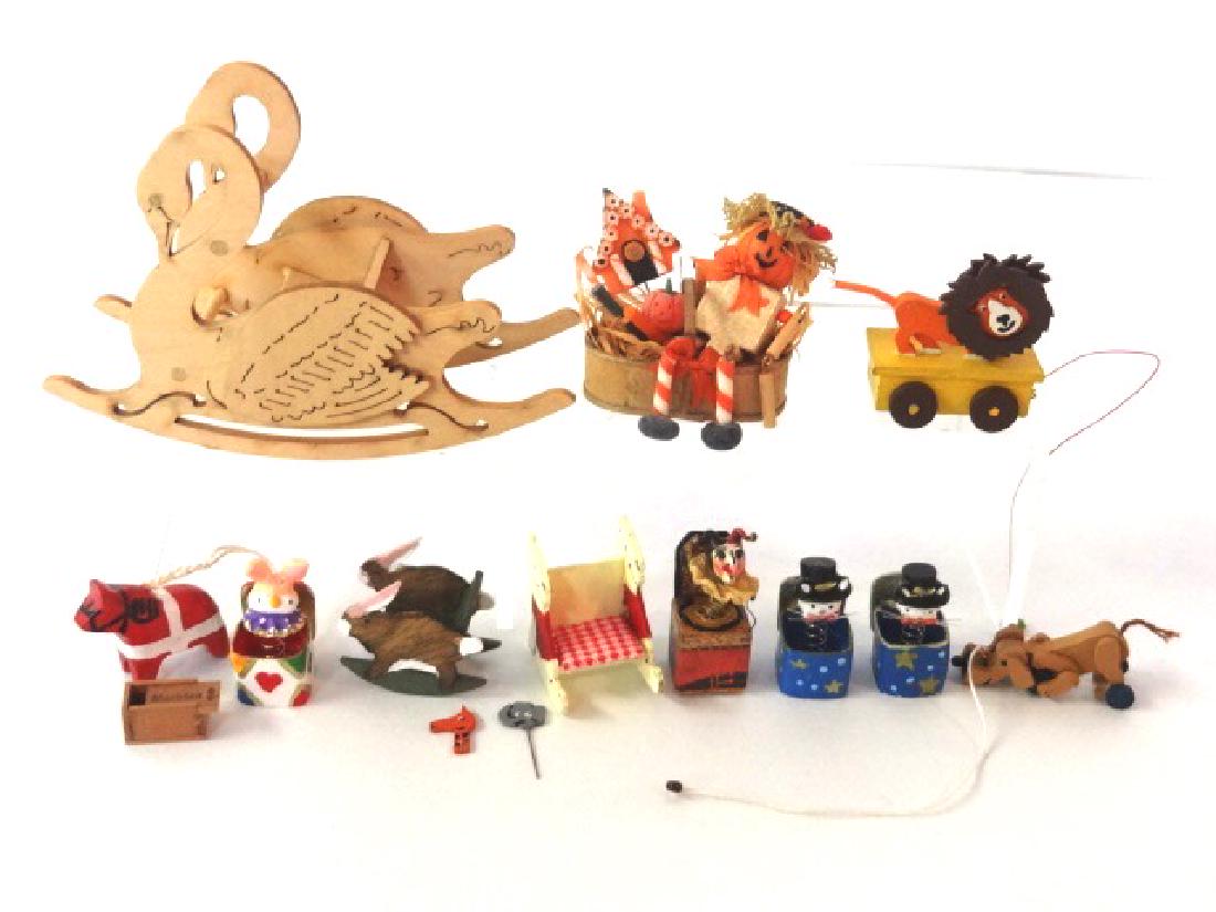 Dollhouse Artisan Toys Miniatures: EN Jack-In-The-Box 1"H, CAG dog pull toy, unsigned bear and rabbit rocking chairs, unsigned swan rocking chair 3.75"L, three Jack-In-The-Box, unsigned animated lion pull toy 1 1/8"L, Getzan box of mar