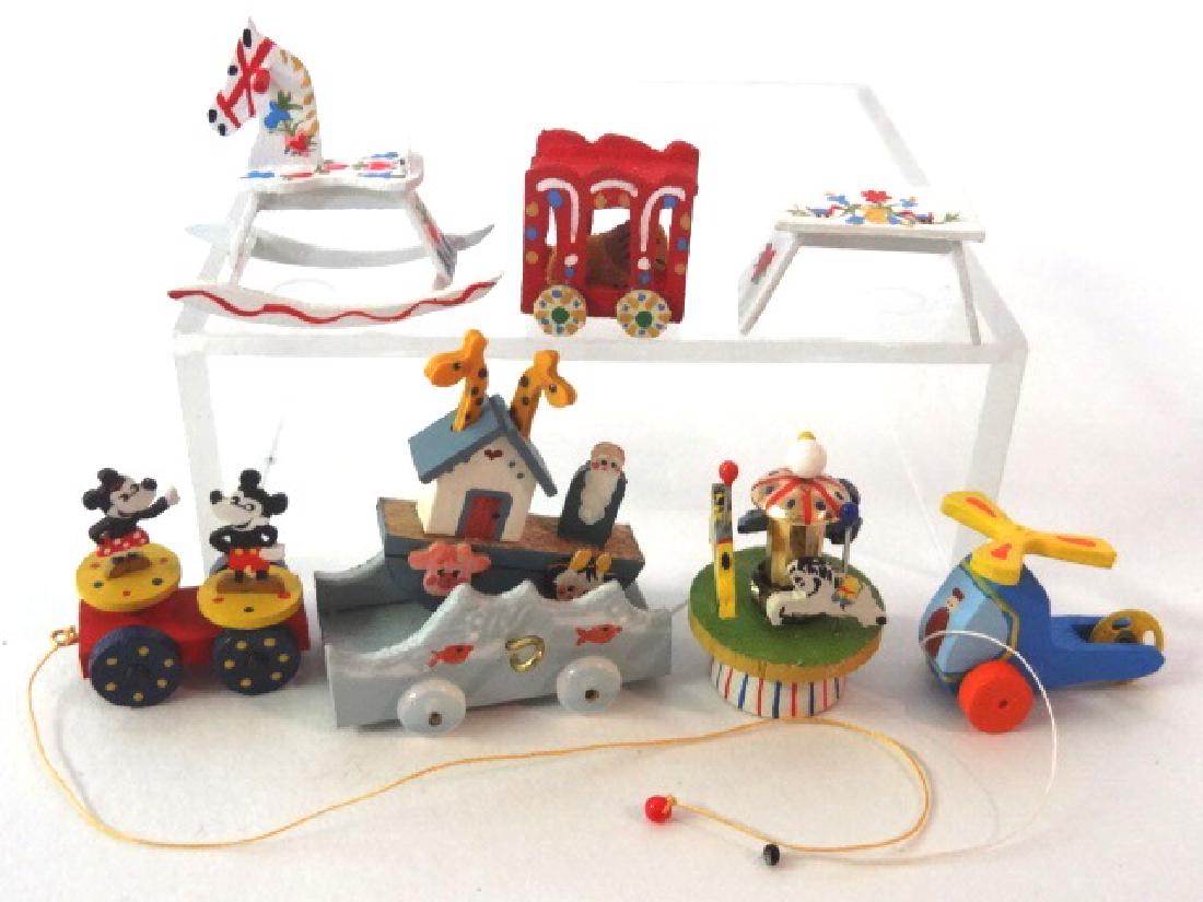 Dollhouse Artisan Toys Miniatures: Bill Burkey pull toy with spinning Mickey & Minny, Yahna Schoenberger animated Noah's ark pull toy 1.25"L, Mary Whitehead animated helicopter, Donal Merry-Go-Round, Dan Zerkel rocking horse 1.25"L, ci