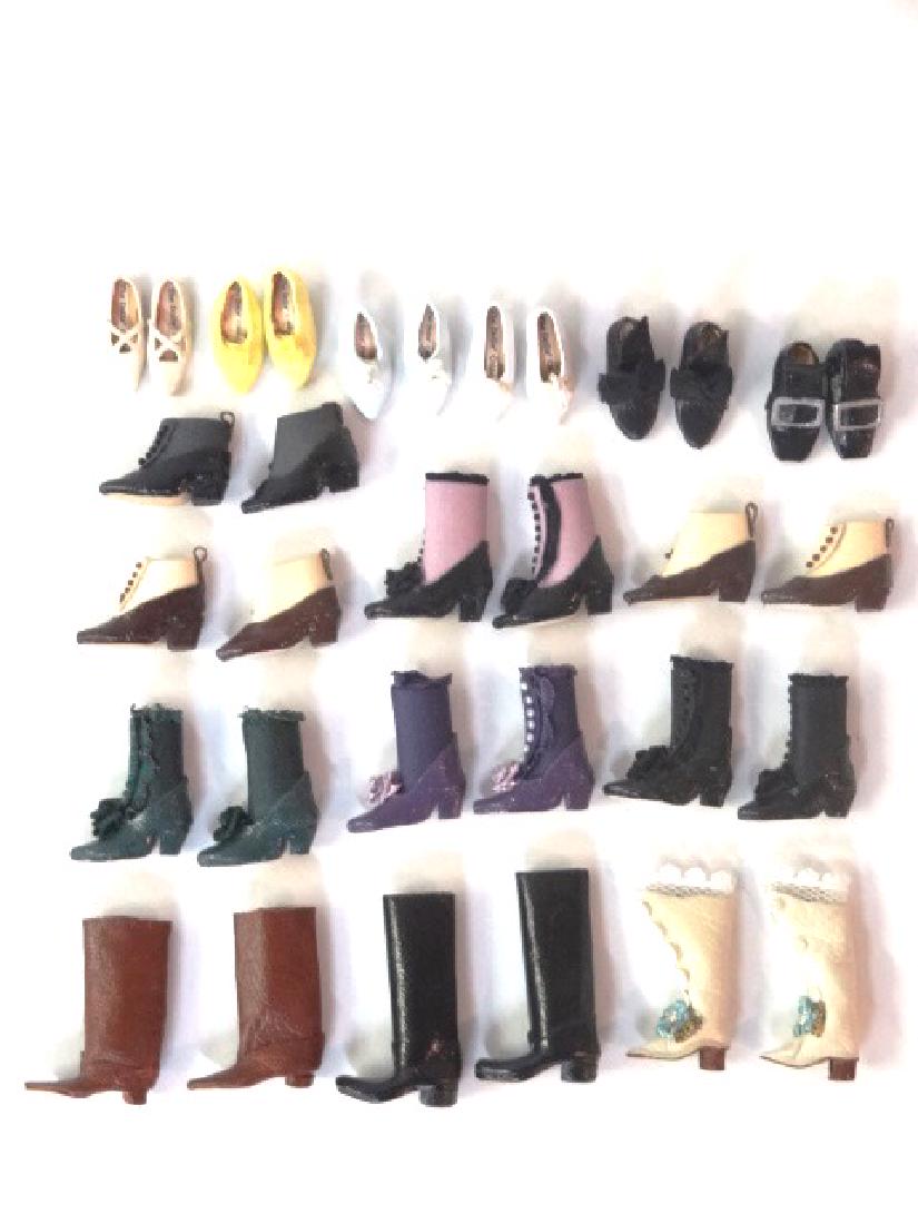 Dollhouse Artisan Shoes & Boots Miniatures: Nice selection of artisan leather dollhouse shoes and boots, seven pair of boots by Summerlots, six pairs of shoes by The Dolls' Cobbler, also three pairs of unsigned leather boots