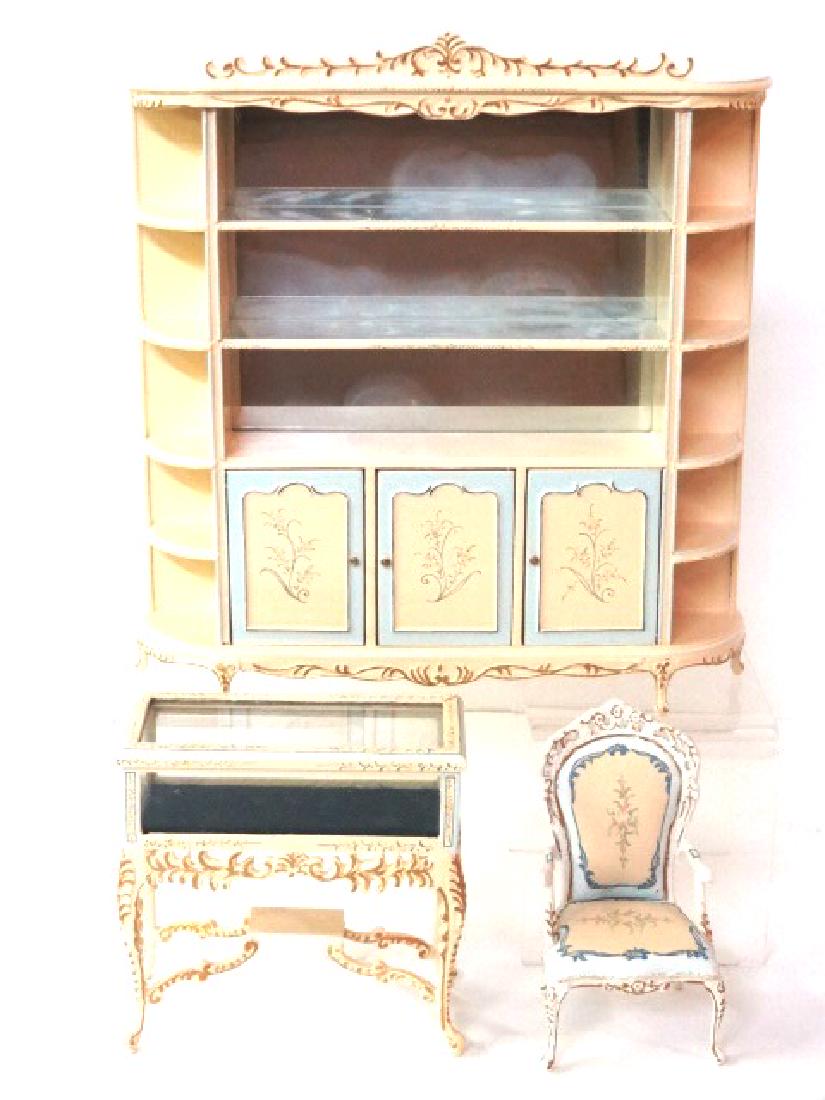 Dollhouse Hand Painted Miniature Store Displays: Hand painted dollhouse Bespaq display case with mirrored back 7.5"W, 8"H, display case with sliding lid 3.75"W, matching chair 3.5"H