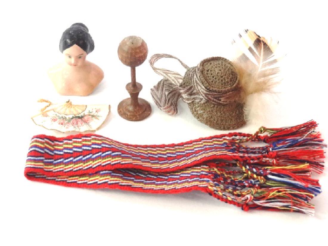 Dollhouse Artisan Lady's Accessories Miniatures: Marjorie Adams dollhouse hand painted fan 1 7/16"W, unsigned artisan woven bonnet with feathers, antique composition shoulder plate doll head 1.25"H, Eileen Shannon handwoven ceinture flechee waist sa