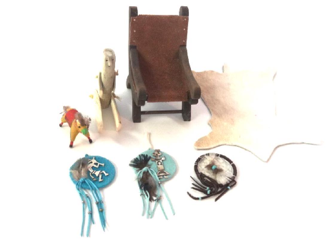 Rainbow Hand Dollhouse Toy War Pony & Other Miniatures: Rainbow Hand dollhouse toy war pony with shield and spear 2.5"L, two hanging banners with silver metal charms, cow hide rug 5.5"L, leather covered chair, dream catcher, unsigned bone jointed doll 3.5"