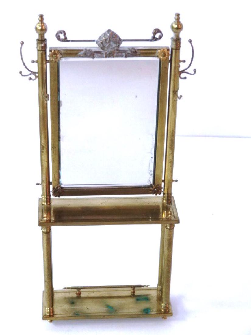 Jason Getzan Dollhouse Hall Rack Miniature: Very well made Jason Getzan copper hall rack with beveled mirror, hat and coat hooks and two shelves, 7"H