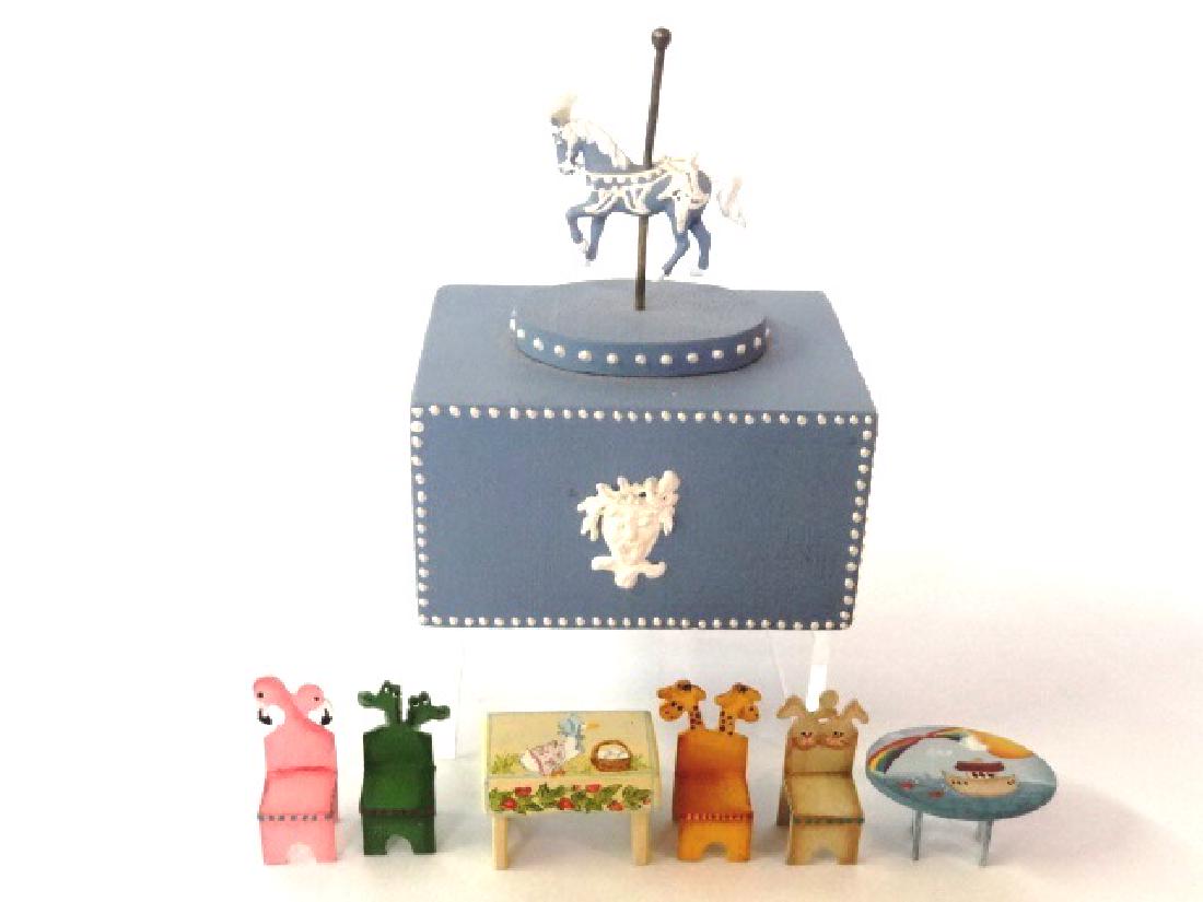 O'Brien & Yahna Painted Dollhouse Children's Furniture: Mary Grady O'Brien hand painted child's bench or table with goose and strawberries 1 1/8"W, Yahna Schoenberger oval child's table painted with ark 1.25"W and four figural animal chairs, Briar Carriage