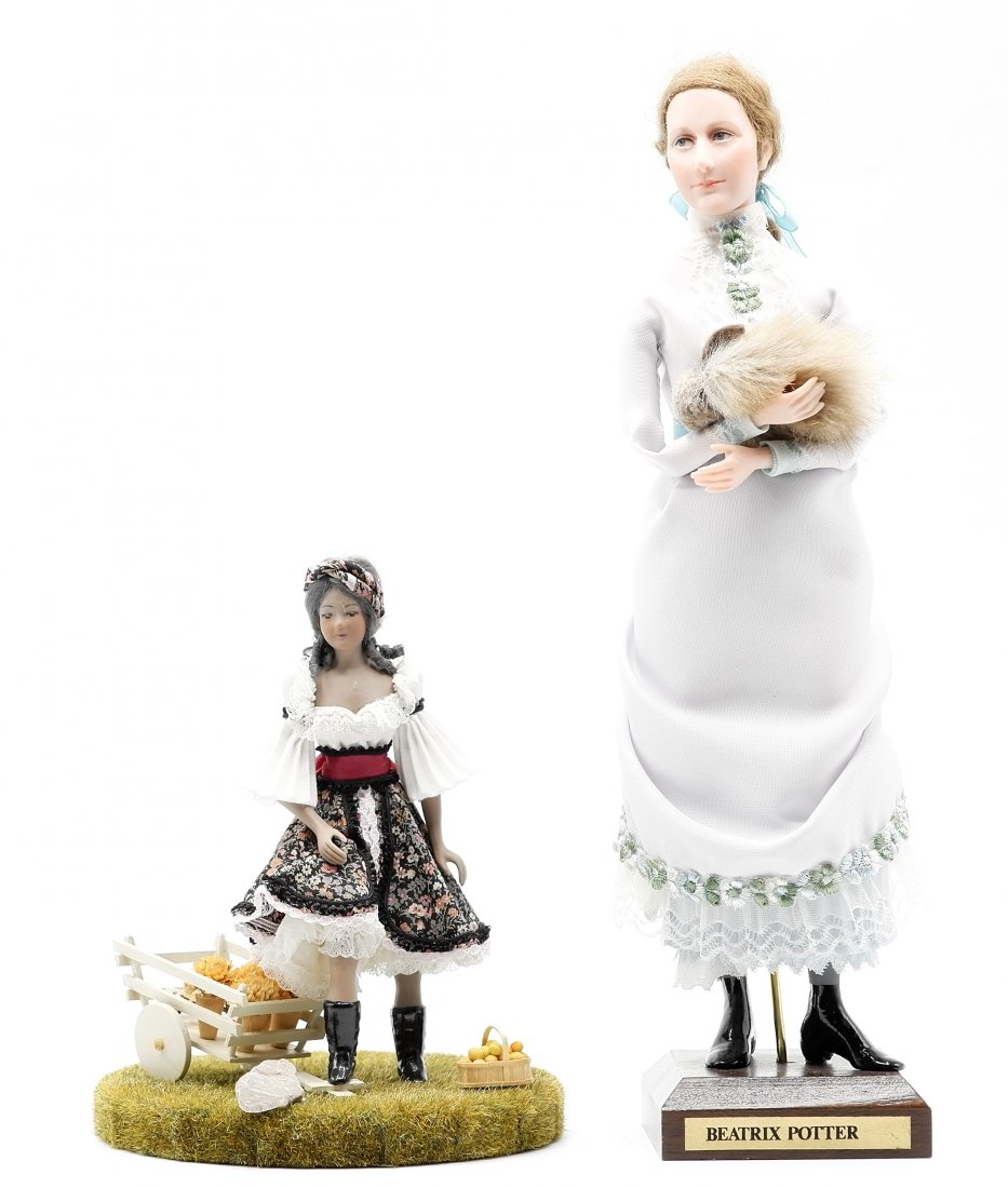 Artisan Dollhouse Doll & Other Miniatures: Artisan bisque dollhouse doll possibly by Paulette Stinson with a wood wagon of plants and a basket of fruit 6"H, comes with a glass and brass hexagon shaped display case 11"H, Beatrix Potter bisque d