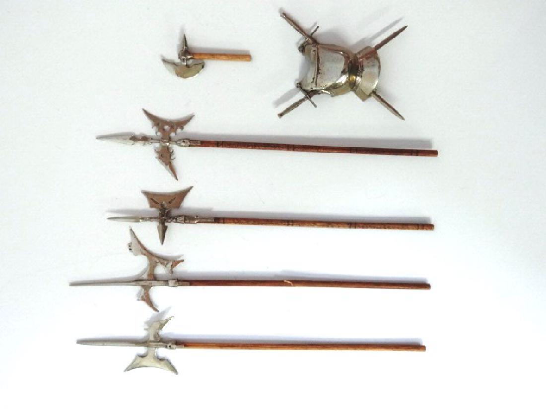David Sciacca Dollhouse Medieval Weapons Miniatures: Assortment of David Sciacca dollhouse artisan edged weapons, 6.75" to 7.5"H, breastplate with crossed swords and a battle axe
