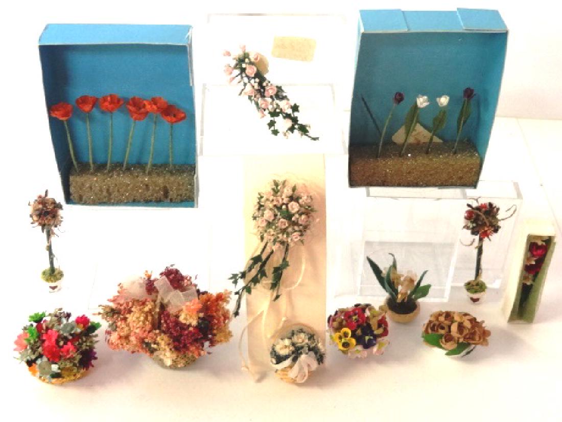 Dollhouse Flowers & Bouquets Miniatures: Paper and dried flowers in baskets, wood bowl and ceramic pots, Rosy Patch bouquet of roses 2"L, wedding bouquet 3"L, Miniature Makers Workshop box of cut flowers, Mary Meyer box of six poppies and Ma