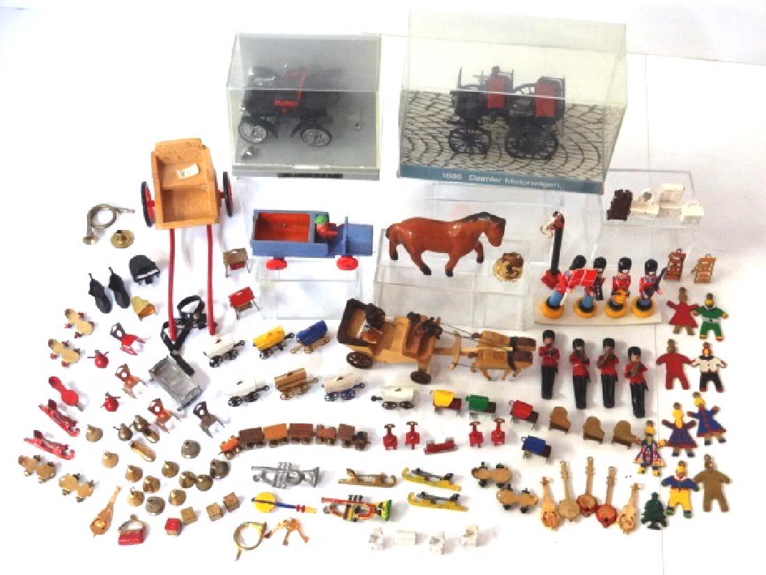 Tiny Dollhouse Miniature Accessories & Toys: Dollhouse sized small brass and lead instruments, skates, trains, wagons, charms, 1/4" scale furniture, ladders, shoes, bells, blocks .25", dozens of pieces, also plastic and wood soldiers, two miniat