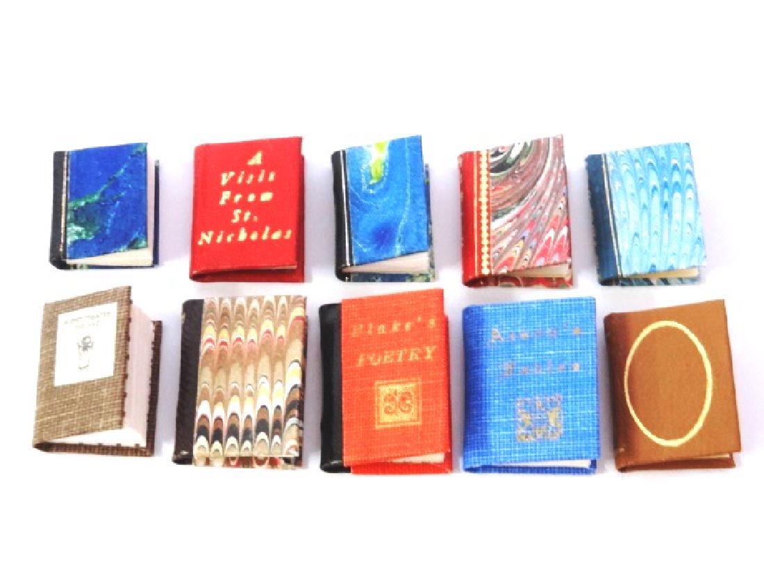 Ten Barrowers Press Miniature Dollhouse Books: The Tell-Tale Heart by E.A. Poe .75"H, The Three Bears, Aesop's Tales, Romeo and Juliet by Shakespeare, Poetry by William Blake, Snow White And The Seven Dwarves, Puppet Theatre: The Art by Coad Canad