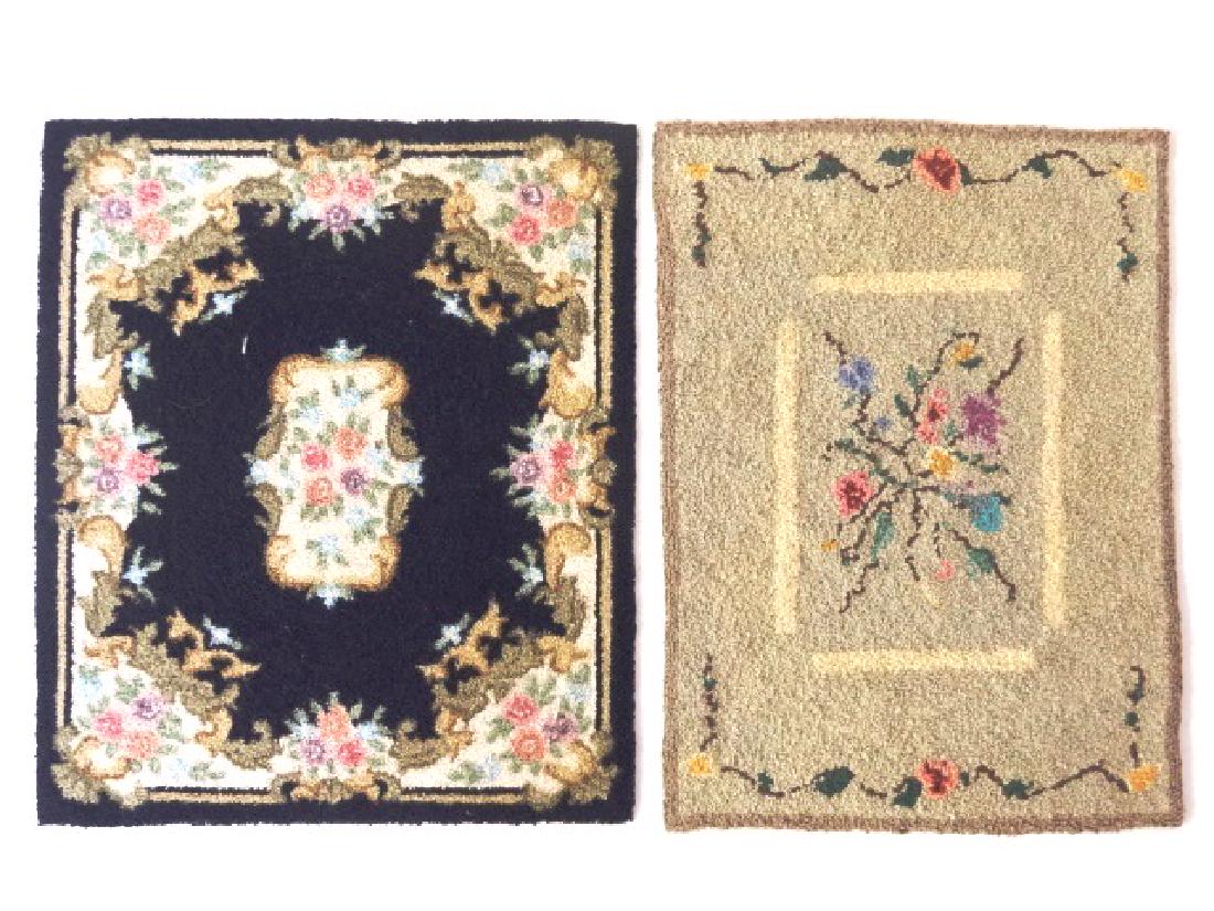 Fryer and Raih Dollhouse Carpets Miniatures: Artisan L. Raih needlepoint Aubusson style carpet 7 3/8" by 8 5/8", M. Fryer needlepoint carpet with floral design 6 3/8" by 8 3/4"