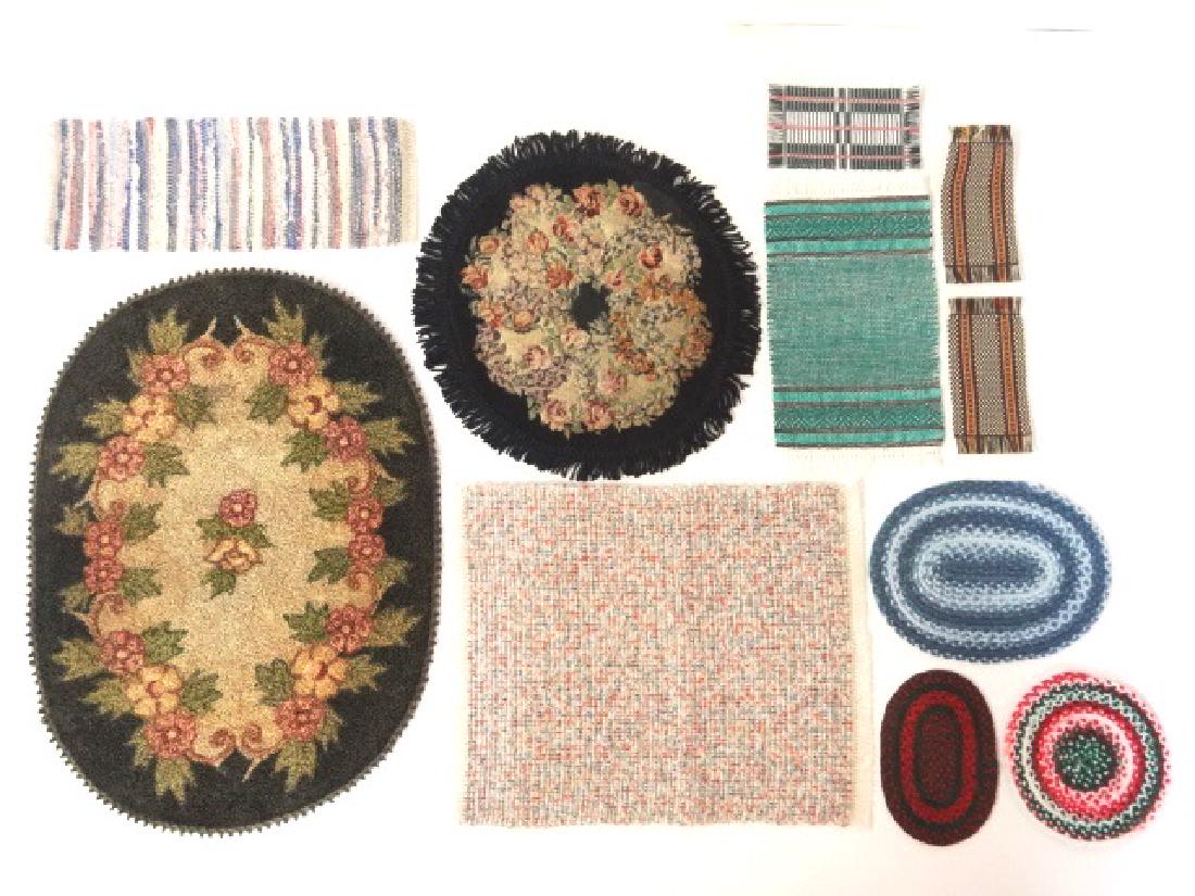 Large Group of Dollhouse Carpets & Rugs Miniatures: Oval floral carpet 8.5" by 12", round carpet with black background 8"D, three small Judy Adams runners, June Kazuk oval rug, rag rugs and woven rugs