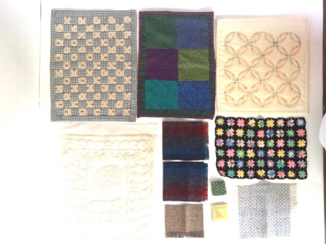 Dollhouse Quilts & Blankets Miniatures: Amish style quilt 5.75" by 8.25", wedding ring quilt 7" by 7.5", block quilt 6.75" by 8.75", chenille quilt 8" by 9.5", C. Gray afghan, two deck chair blankets, horse blanket and Dayton Miniature Soci