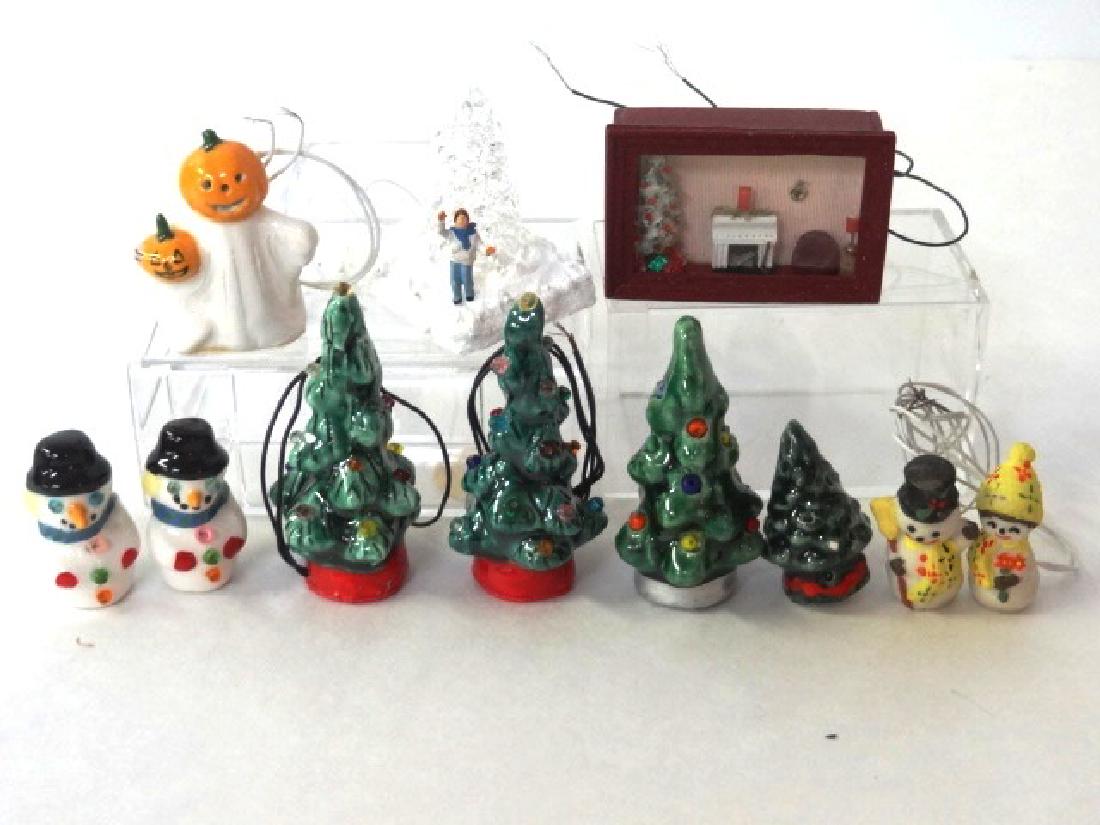 Lighted Dollhouse Christmas Decorations Miniatures: Nice group of electrified lighted Xmas decorations, ceramic snowmen and trees, hand blown glass tree, L. Bigley tiny room box with lighted tree 1.75"W, ceramic pumpkin ghost 1 3/8"H