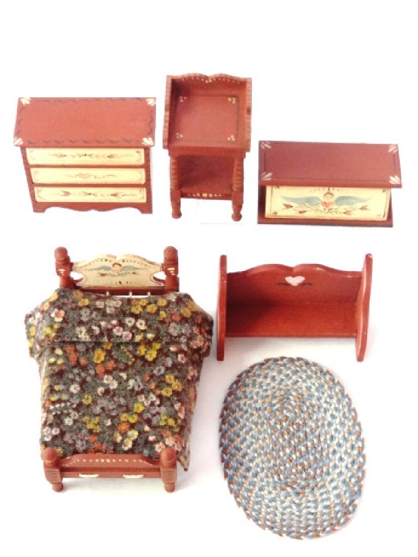 Tish 1/2" Scale Dollhouse Country Furniture Miniatures: Nice hand painted set of country 1/2" scale furniture, most signed Tish, dresser 1 5/8"W, bed 2.75"L, washstand, trunk and high back bench, also a L. Raih oval woven rug 2.5"L