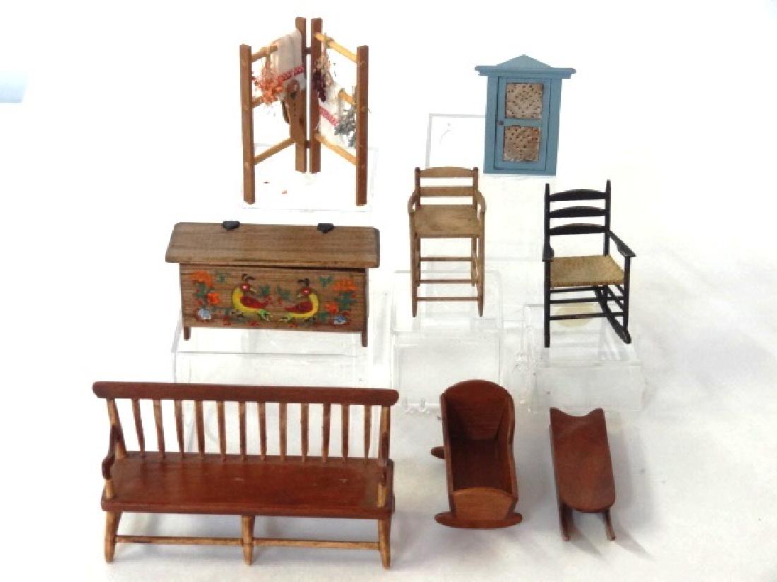 Dollhouse Artisan 1/2" Scale Furniture Miniatures: D2E spindle back bench 3"W, sled and cradle, Beth Gill Shaker rocking chair 1.75"H and highchair, painted corner pie safe with punched tin door inserts has illegible signature 1.5"H, unsigned hinged d