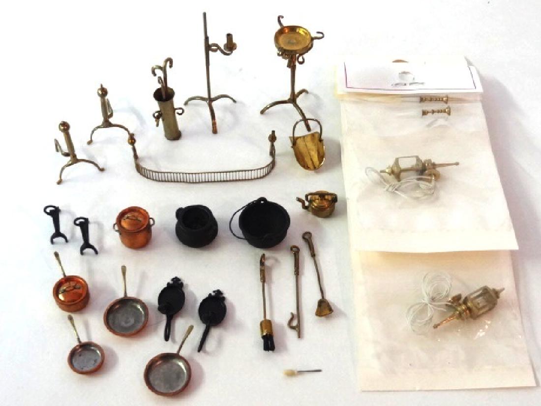 Dollhouse Metal 1/2" Scale Metal Miniatures: Robin's Roost hand made copper pot with lid .75"L, stock pot with lid .5"W and three skillets, also candle stand with adjustable height socket 2"H, andirons, fireplace tool set, log holder and firepla
