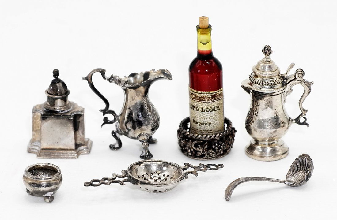 Obadiah Fisher Dollhouse Sterling Accessories: Obadiah Fisher sterling accessories, tea caddy 5/8"H, pitcher with lid 7/8"H, bottle coaster, ladle, pitcher, salt dish and unsigned punch strainer