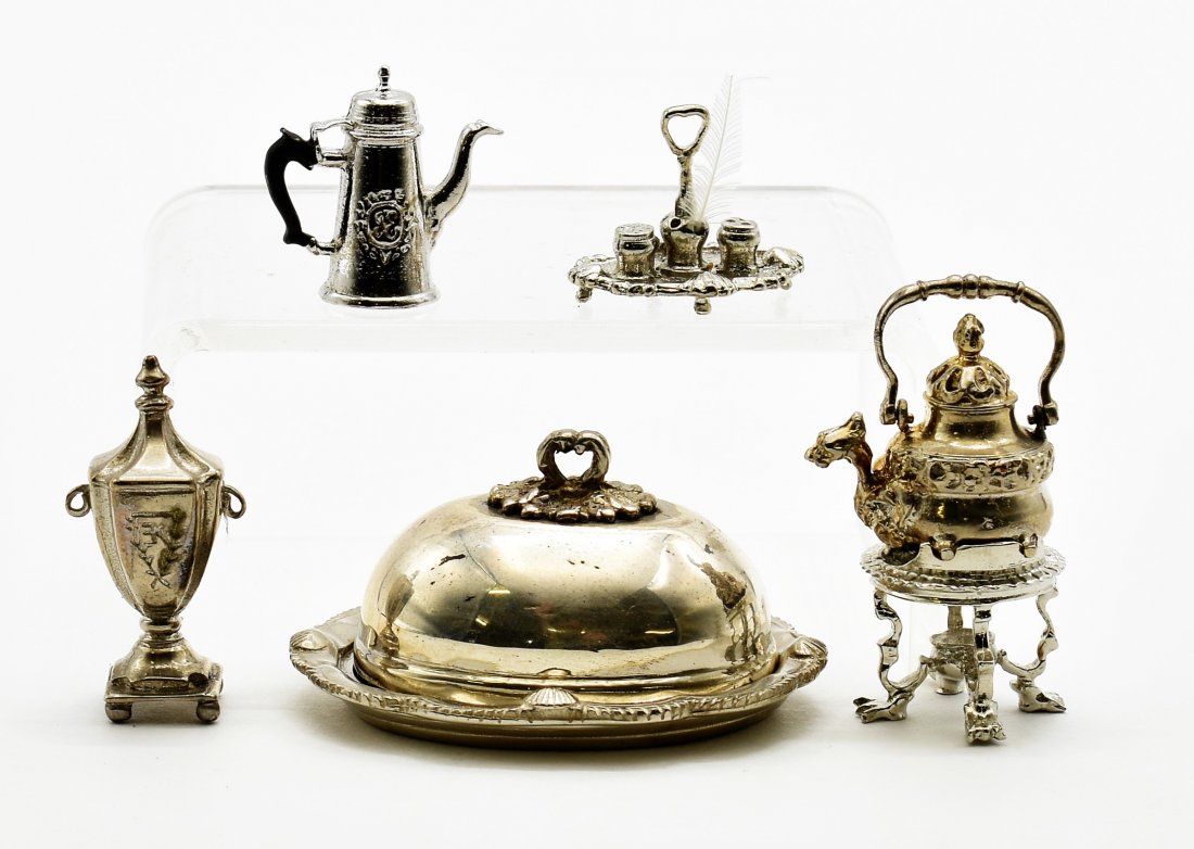 Eugene Kupjack Dollhouse Accessories Miniatures: Nice selection of Eugene Kupjack rhodium plated accessories, platter with dome 1.75"L, tilting kettle on stand, hot water urn 1 3/16"H, teapot and writing standish