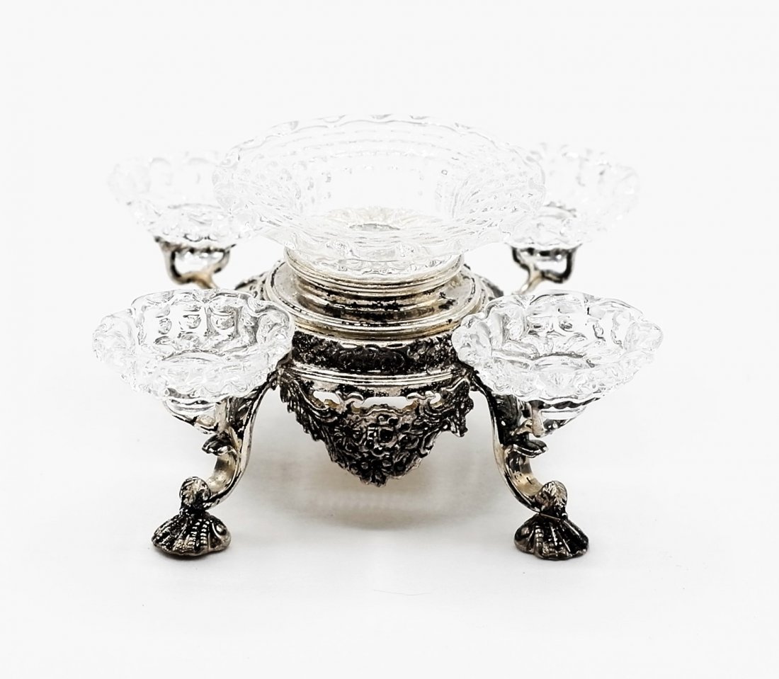 Acquisto Sterling Epergne Dollhouse Miniature: Pete Acquisto magnificent sterling epergne numbered 161/400, five dish epergne with scalloped glass bowls over round chased body with pierced floral drops, four small conforming bowls resting on twist
