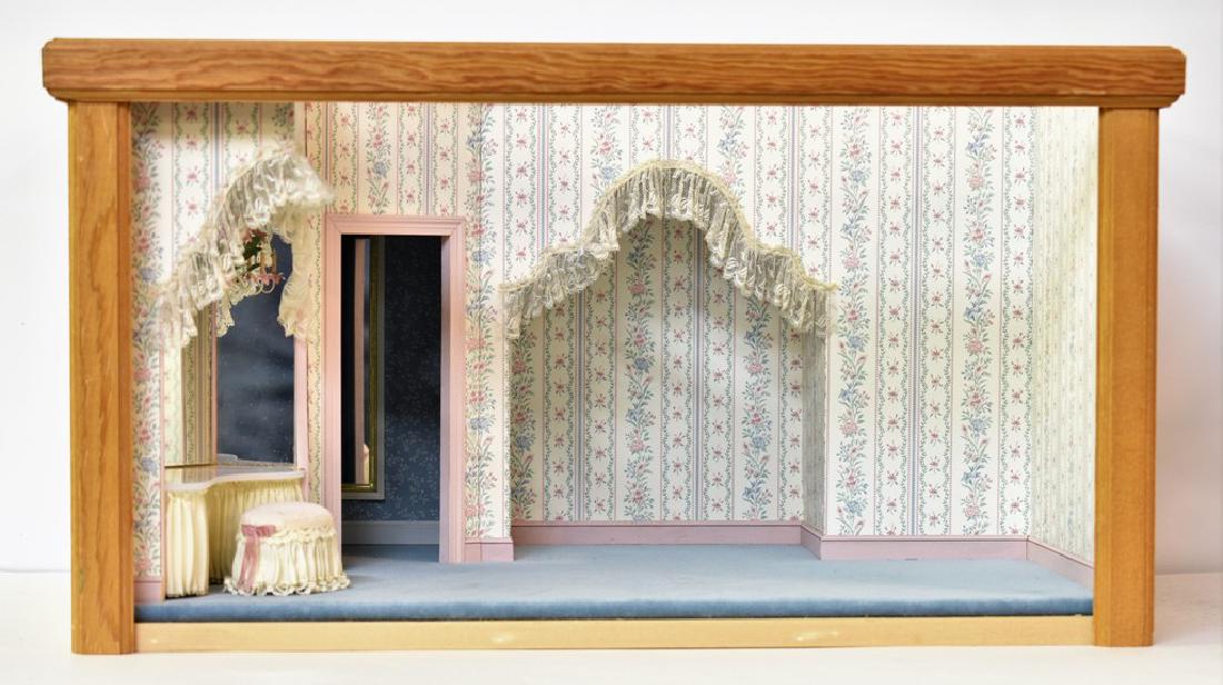 Dollhouse Boudoir Room Box: Nice custom made dollhouse boudoir room box with all wood exterior, removable glass panels on top and front, wall to wall carpet, lighted bed alcove, lighted walk in closet with mirrors, built in corn