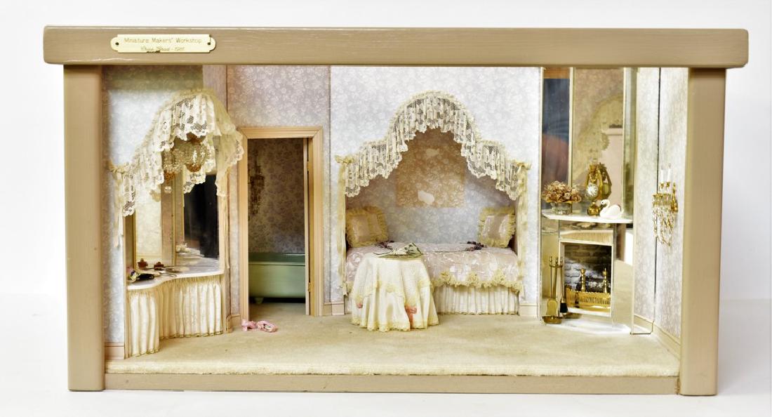 Criss Goad Boudoir Dollhouse Room Box: Criss Goad artisan dollhouse bedroom room box, bed alcove with elaborately dressed bed, mirrored fireplace wall, corner bathroom with full fixtures, built in dressing table with triple mirror, wall to