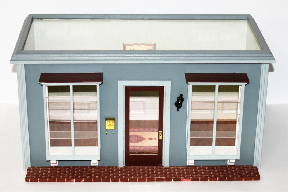 Dollhouse Store Room Box: Miniature Makers' Workshop small store room box, two bay windows with shelves, brick style walkway, wood plank flooring, wallpaper over wainscoting, electric sconces and lantern, removable top for acc